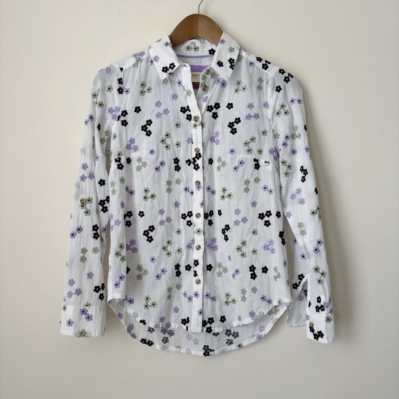 Maeve Embroidered Button Down Blouse XXS Floral White Purple Anthropologie - Picture 1 of 8